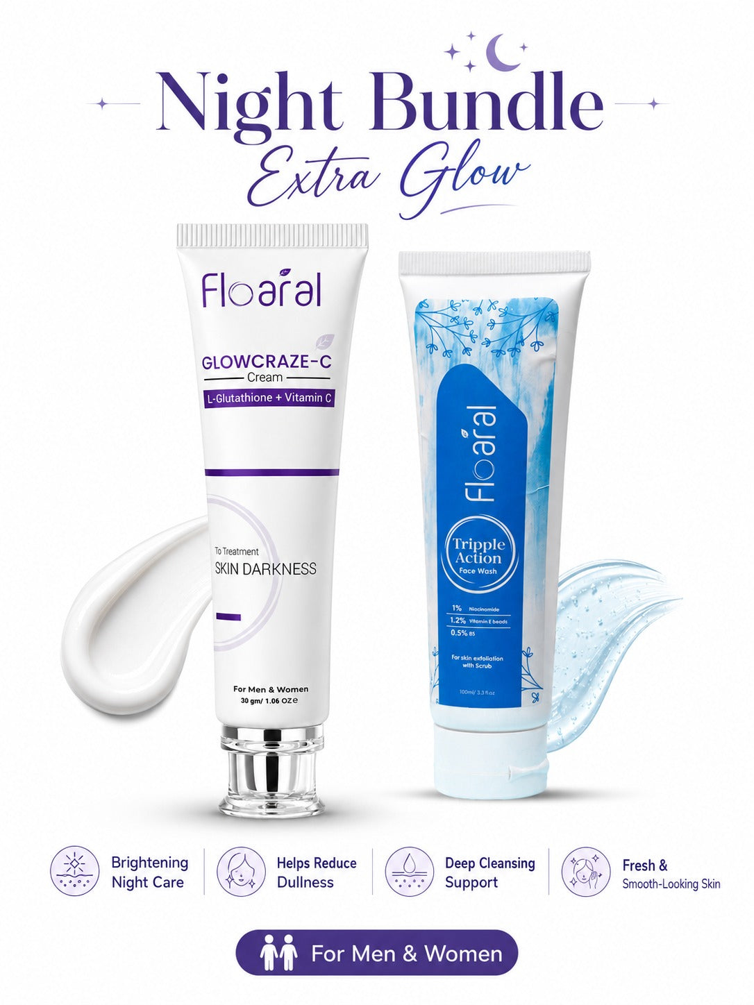 Two skincare products with labels 'Glowcraze-C' and 'Triple Action' by Floarial on a white background.